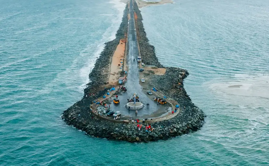 dhanushkodi tip coastal road and ocean aerial view
