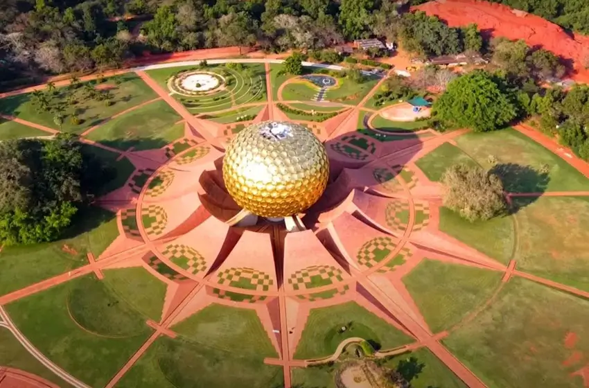 Aerial view of Matrimandir dome and gardens Auroville