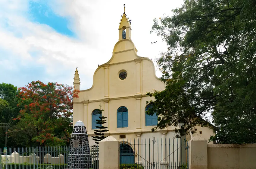 Historic colonial church facade and spire