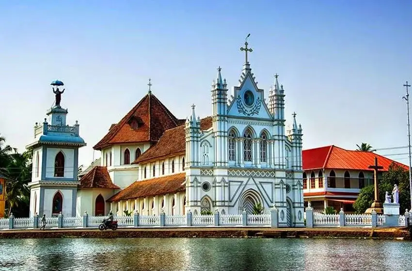 Historic waterfront church facade and spire