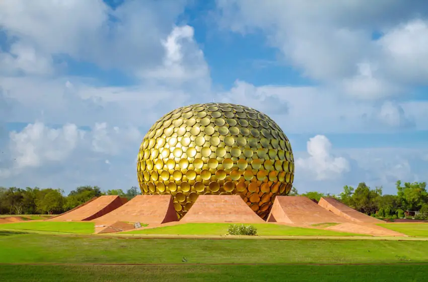 Iconic golden Matrimandir dome structure Auroville