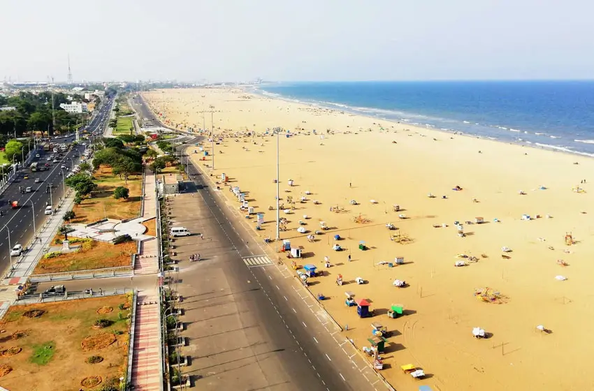 Iconic Marina Beach coastline and Chennai cityscape