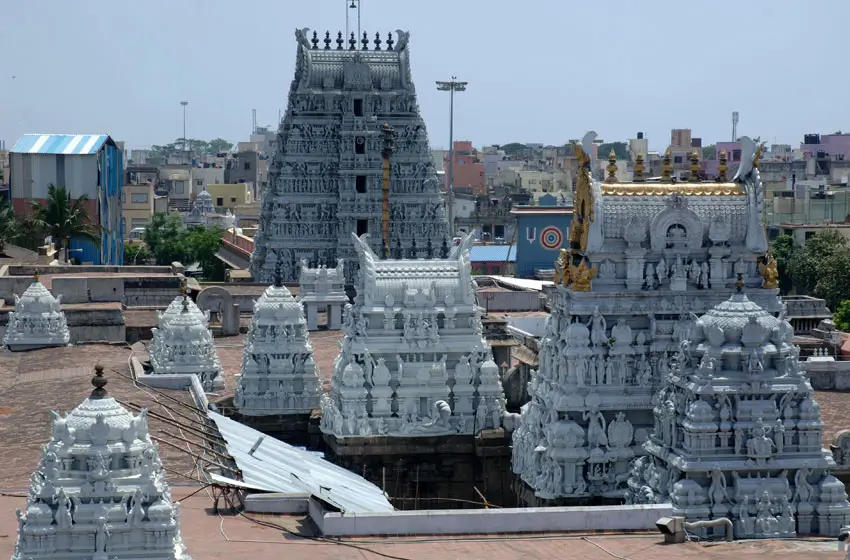 Majestic white South Indian temple architecture view