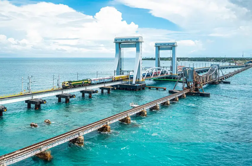 pamban bridge train crossing ocean view