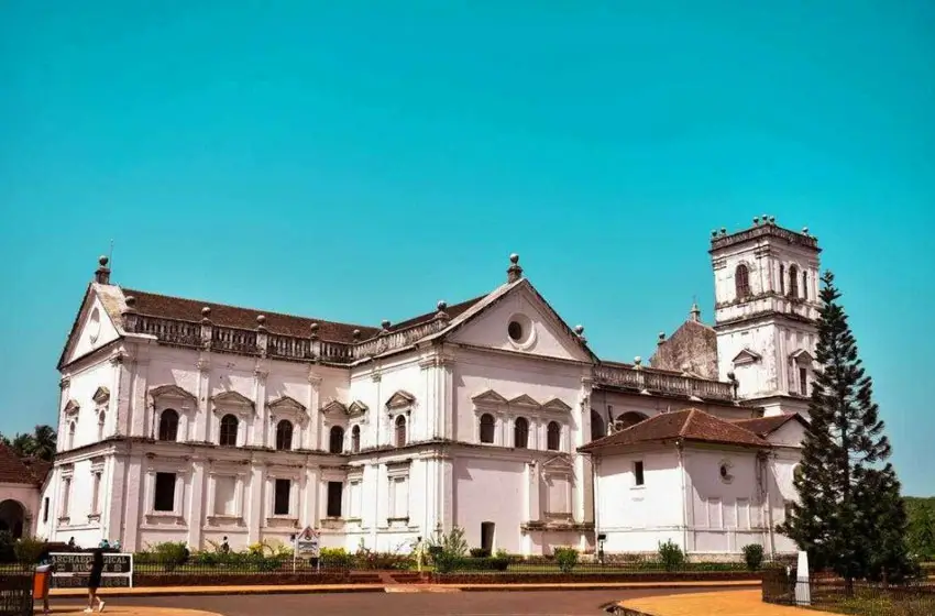 se cathedral goa white facade and bell tower