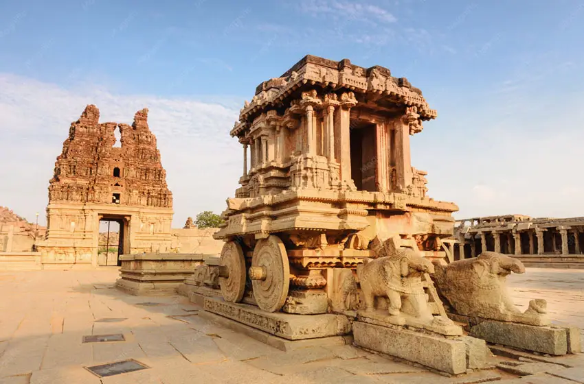 Stone-Chariot-Hampi-elephants-and-gopuram-view